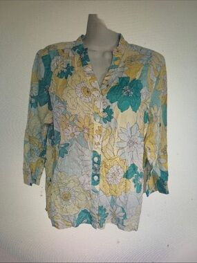 Floral Button-Front Women's Blouse in Yellow & Teal